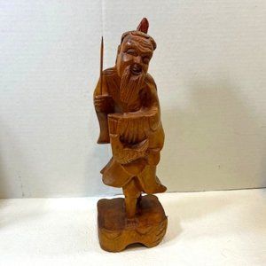VTG Hand Carved Wood Fisherman Sculpture 12" Tall
